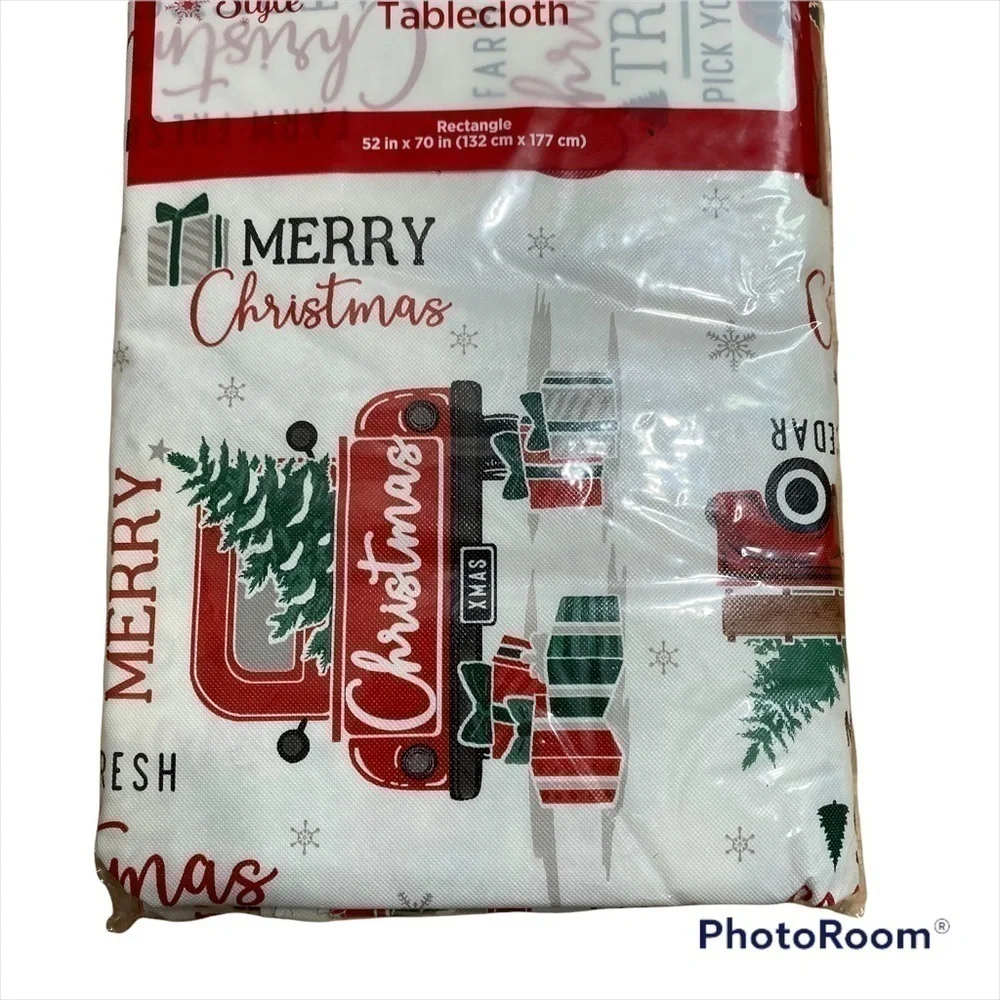 Merry Christmas Red Pickup Truck Table Cloth NWT Holiday Rectangle 52x70